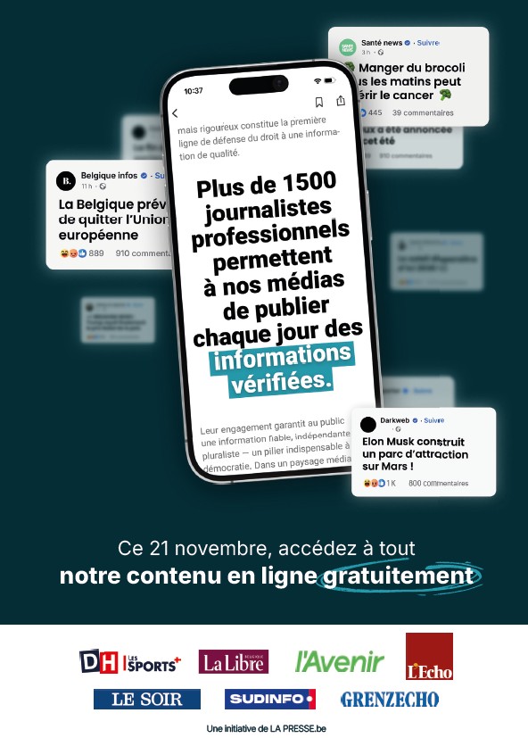 Le 21 novembre, les éditeurs de presse quotidienne belge francophone offriront un accès intégral et gratuit pendant 24 heures aux sites de presse quotidienne